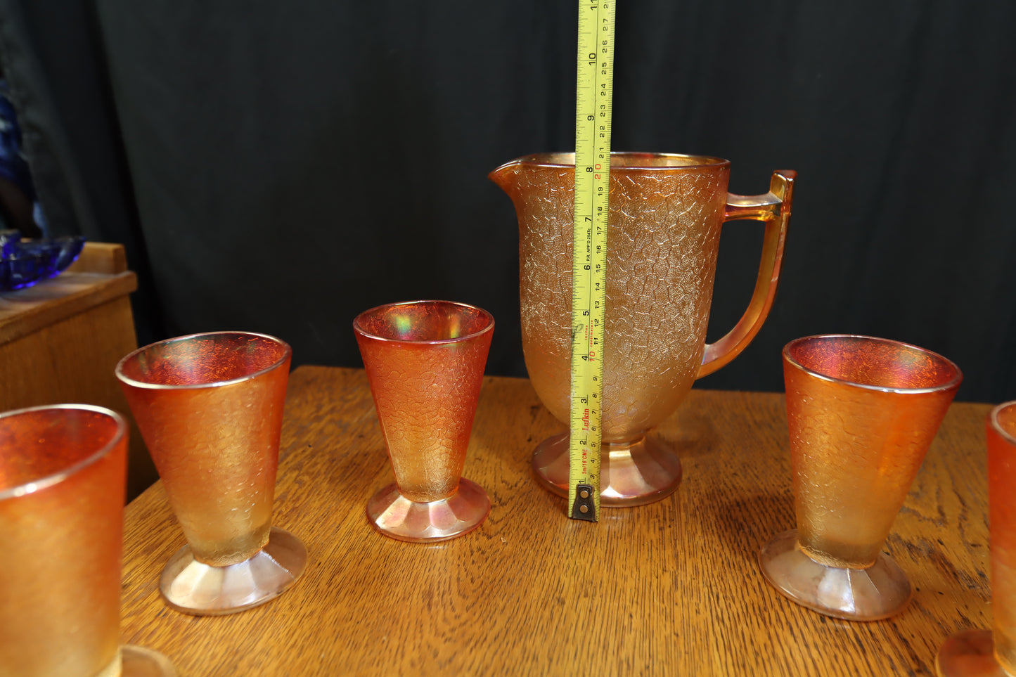 Vintage Jeanette Glass Marigold Pitcher & Cups