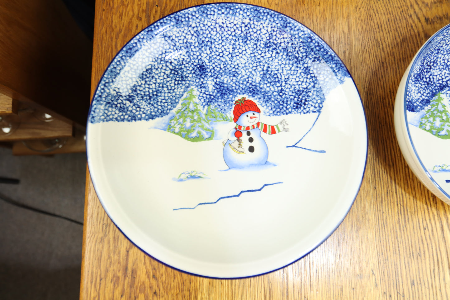 Vintage Ceramic 2 Piece Serving Set Snowman Platter and Bowl