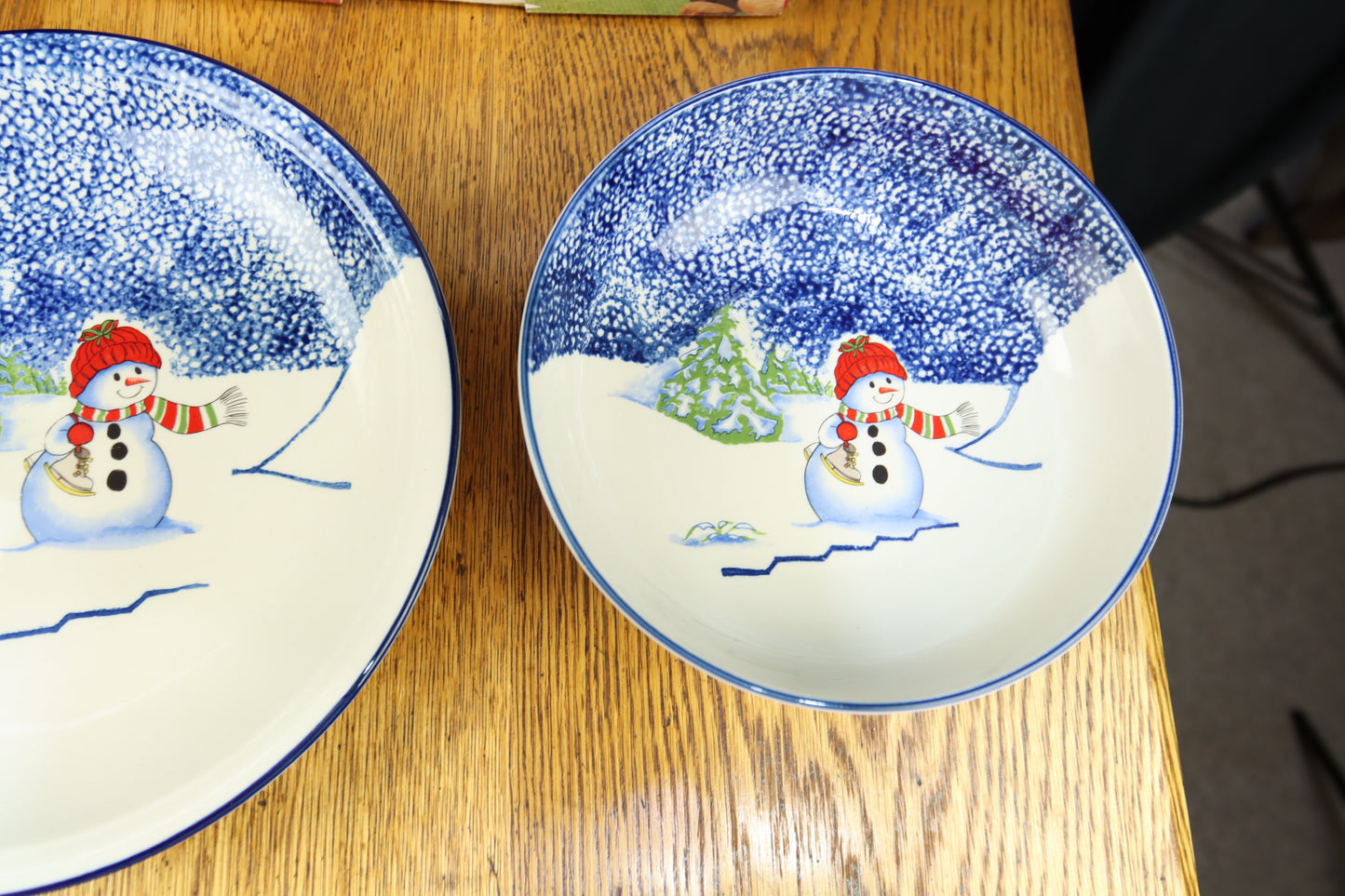 Vintage Ceramic 2 Piece Serving Set Snowman Platter and Bowl