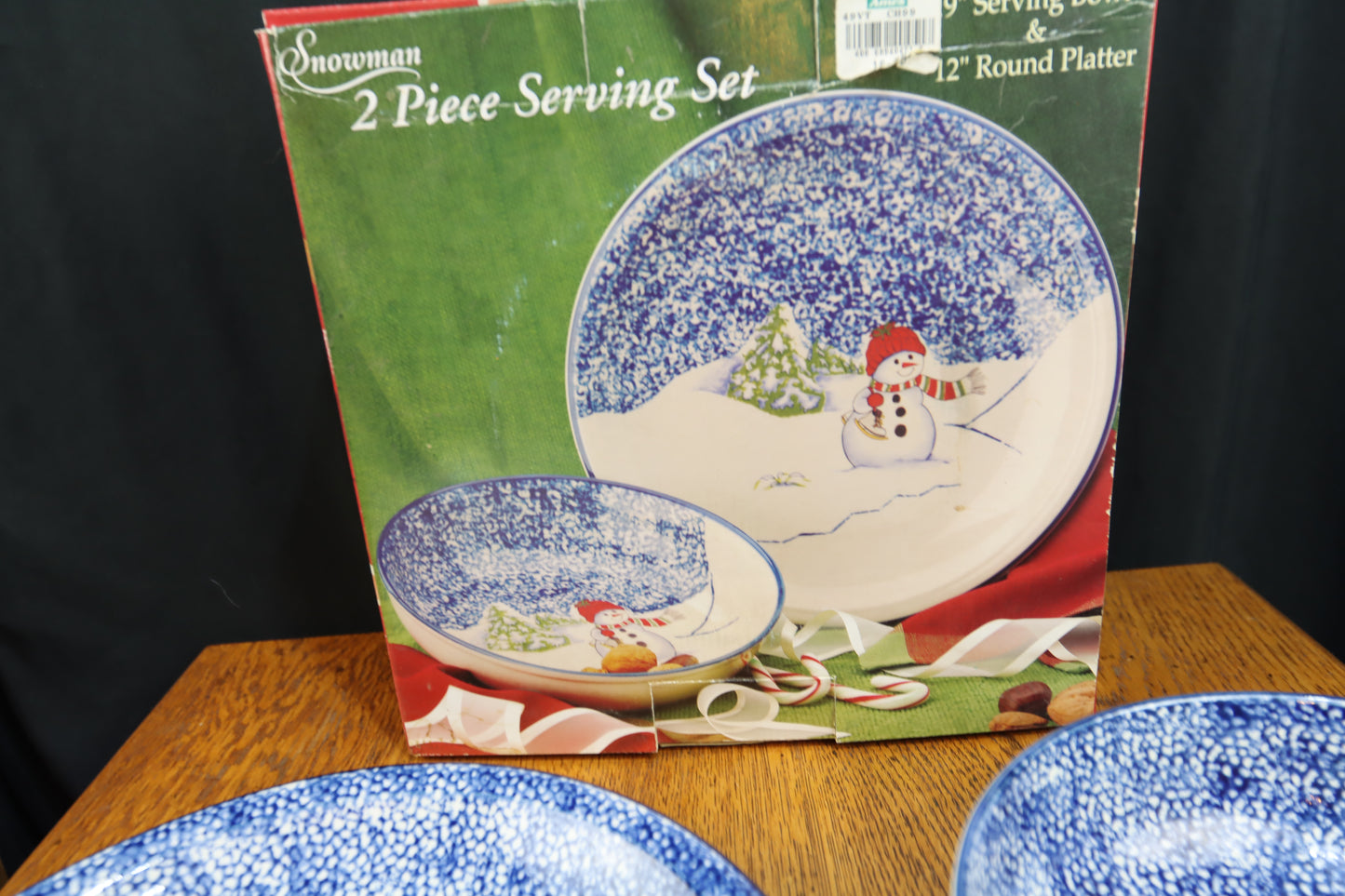 Vintage Ceramic 2 Piece Serving Set Snowman Platter and Bowl